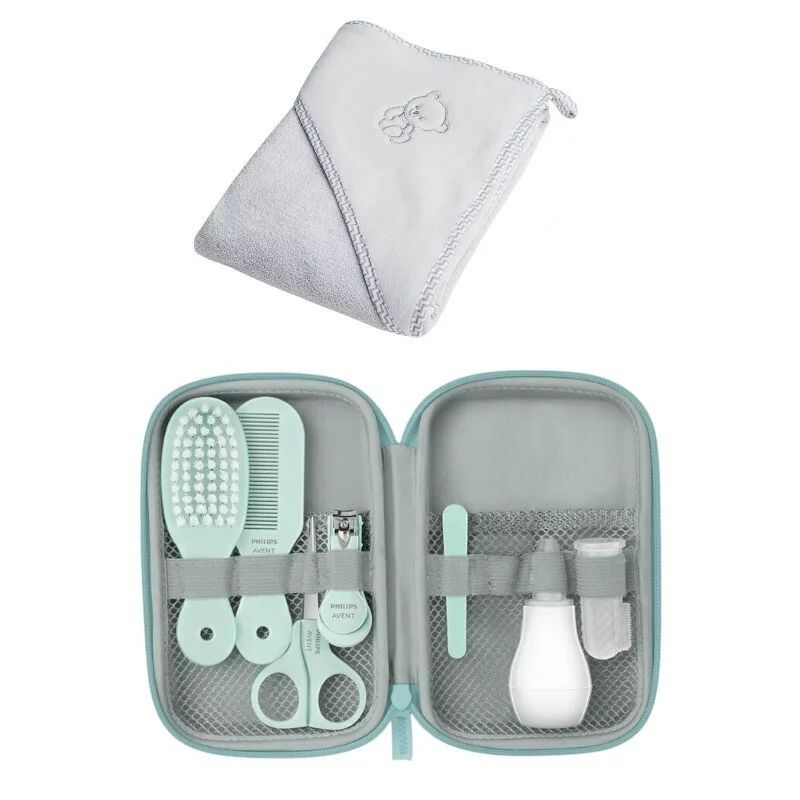 Set pentru igiena, Philips Avent: Aspirator nazal, Periuta de dinti pentru deget, Forfecuta, Unghiera, Pile, Pieptan si perie par + Prosop de baie din bumbac, Qmini, 80x80 cm, Gri