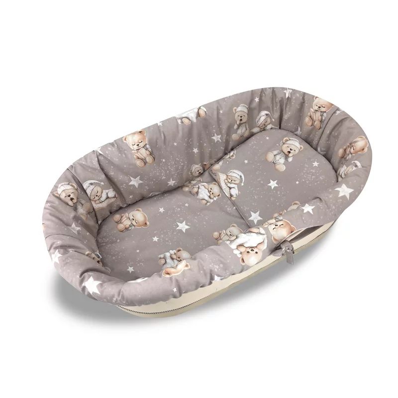 Set pentru landou/cosulet, MimiNu, Cu protectie, saltea si pernuta, Din bumbac certificat Oeko Tex Standard 100, Bedtime story beige