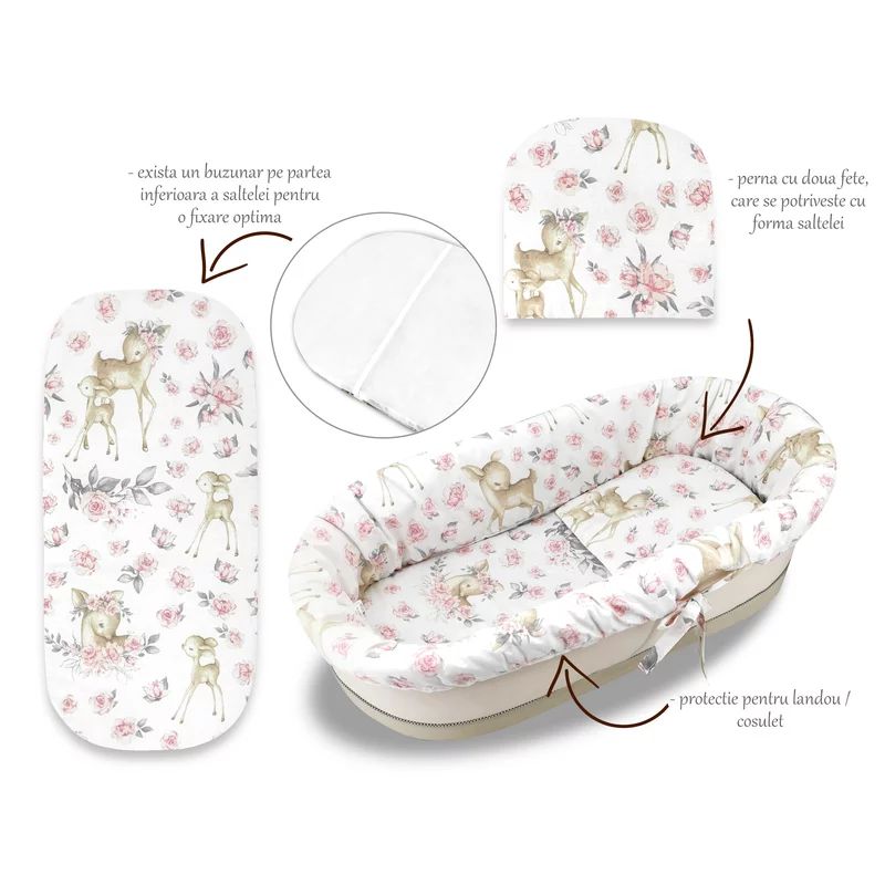 Set pentru landou/cosulet, MimiNu, Cu protectie, saltea si pernuta, Din bumbac certificat Oeko Tex Standard 100, Sweet Deer Pink