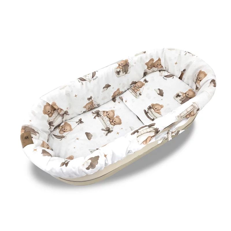 Set pentru landou/cosulet, MimiNu, Cu protectie, saltea si pernuta, Din bumbac certificat Oeko Tex Standard 100, Tedy bear dreams beige