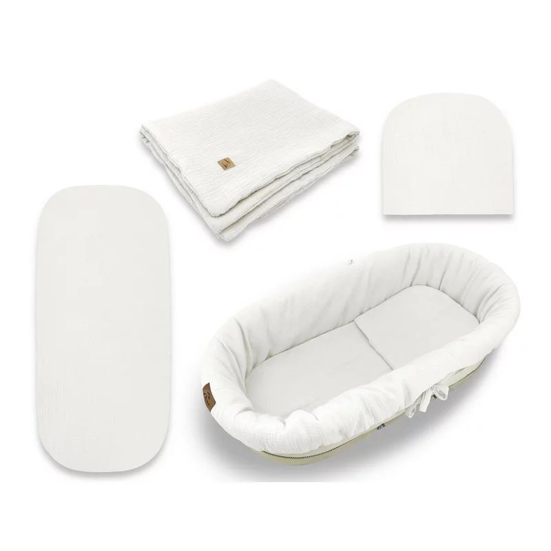Set pentru landou/cosulet, Qmini, Cu protectie, pilota, saltea, pernuta, Din muselina dubla, Material certificat Oeko Tex Standard 100, Cream
