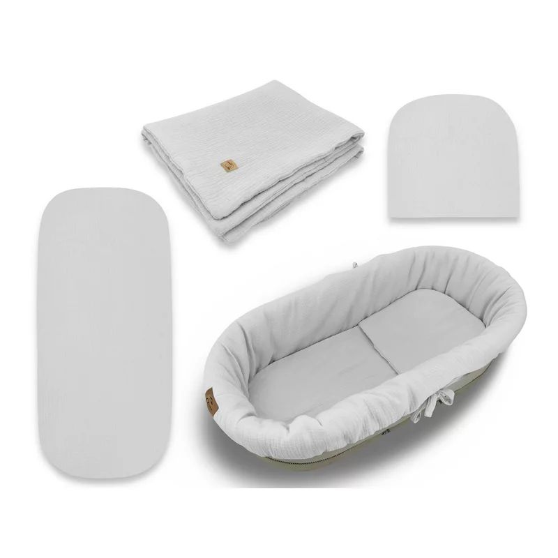 Set pentru landou/cosulet, Qmini, Cu protectie, pilota, saltea, pernuta, Din muselina dubla, Material certificat Oeko Tex Standard 100, Grey