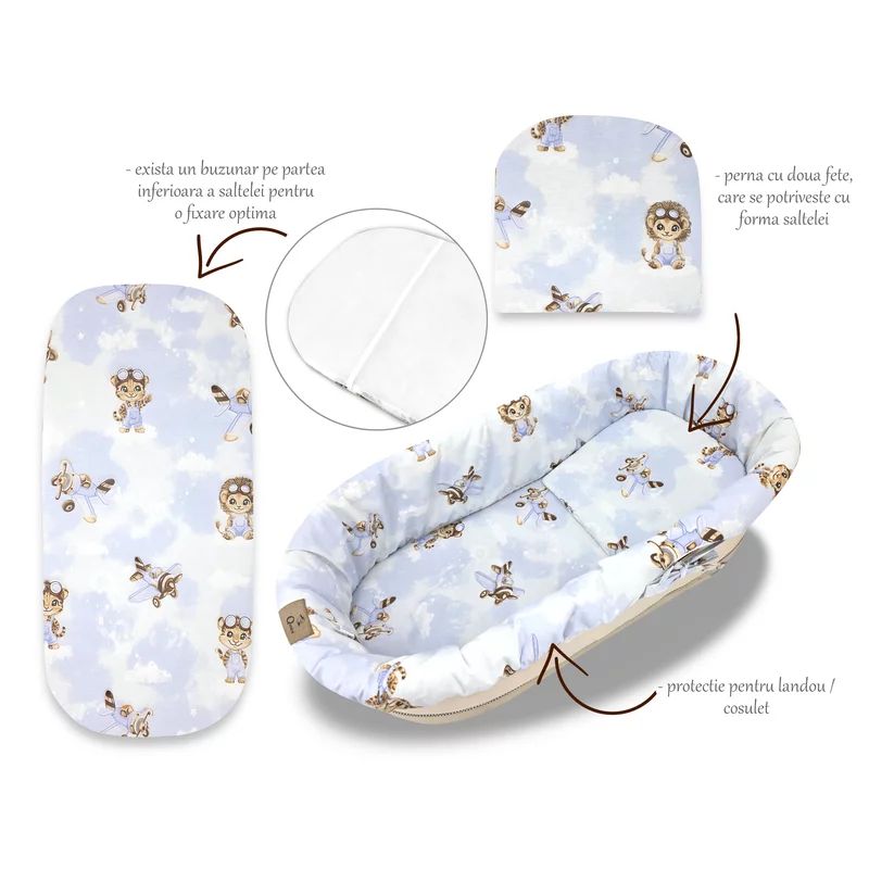 Set pentru landou/cosulet, Qmini, Cu protectie, saltea si pernuta, Din bumbac certificat Oeko Tex Standard 100, Sky Adventure