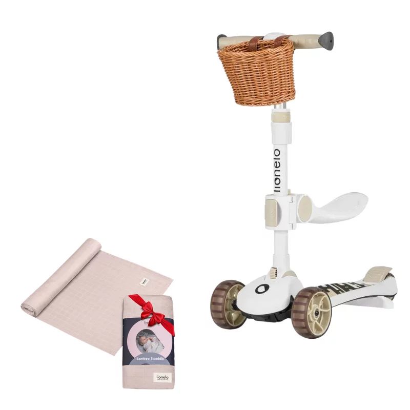 Set Trotineta, Lionelo, Franky, Pliabila, Pana la 50 kg, Bicicleta cu 3 roti si trotineta de echilibru, Roti cu LED, Bej + Muselina, Multifunctionala, Din bambus, 120x120 cm, Bej