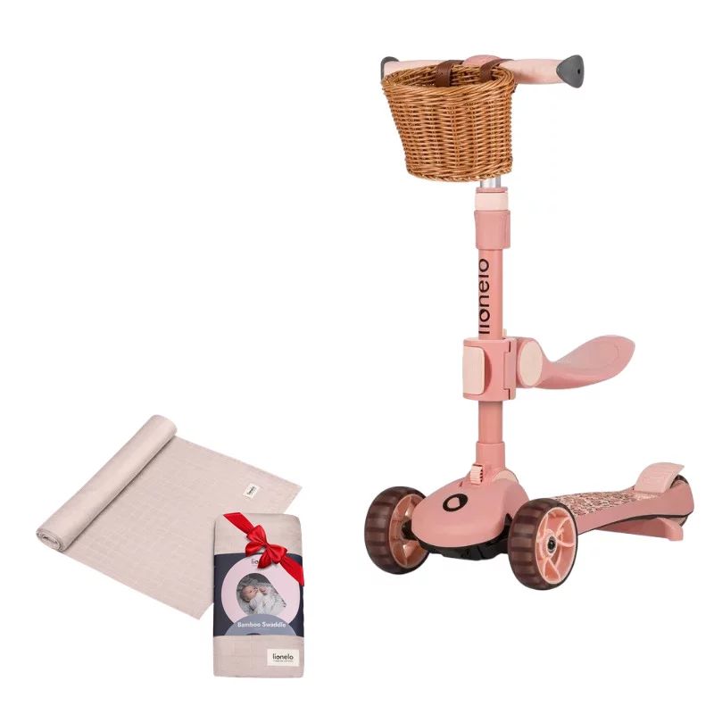 Set Trotineta, Lionelo, Franky, Pliabila, Pana la 50 kg, Bicicleta cu 3 roti si trotineta de echilibru, Roti cu LED, Roz + Muselina, Multifunctionala, Din bambus, 120x120 cm, Bej