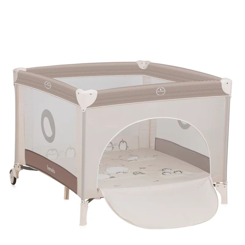 Tarc de joaca copii, Lionelo, Bonnie, Pana la 15 kg, 100 x 100 cm, Pliere compacta, Include geanta de transport, Din plasa, Cu intrare laterala cu fermoar, Cu roti, Cu salteluta din spuma, Conform cu EN12227, Bej