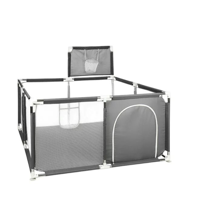 Tarc de joaca copii, Primabobo, 126 x 126 cm, Pliere compacta, Include cos de baschet, Din plasa, Cu intrare laterale si fermoar, Cu ventuze pentru stabilitate, Gri