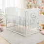Patut din lemn bebe, 120x60 cm, Cu laterala culisanta, Din lemn de pin si mdf, Stabil si rezistent, Inaltime saltea reglabila pe 3 nivele, Laterala cu 3 bete detasabile, EN716-1, EN716-2, Alb, Babyneeds, Timmi + Saltea 10 cm - 3