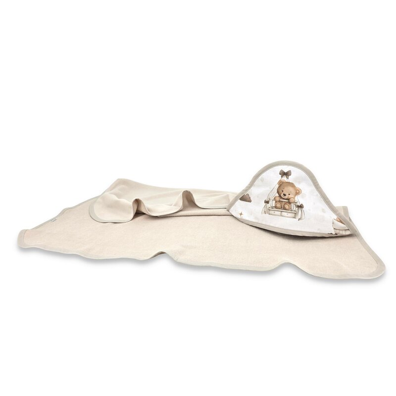 Prosop cu gluga, MimiNu, Mare, Dimensiune 100x100 cm, Din bumbac si bambus fleece, Materiale certificate Oeko Tex Standard 100, Tedy bear dreams beige