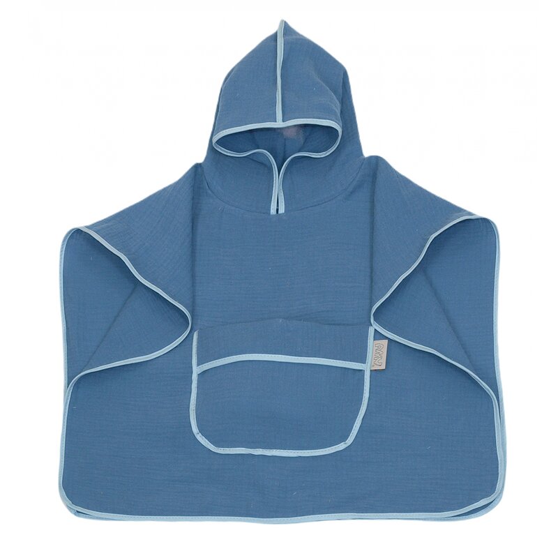 Amy - prosop din bumbac muselina cu gluga si buzunar pentru bebelusi si copii, poncho, blue, 60x65 cm