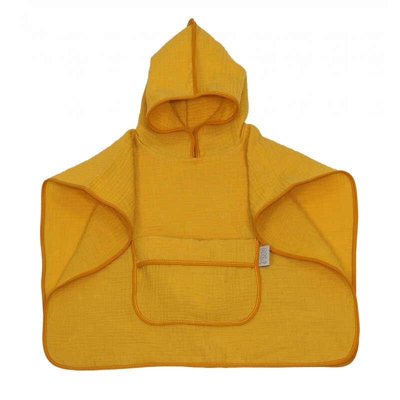 Prosop din bumbac muselina cu gluga si buzunar pentru bebelusi si copii, poncho, galben, 60x65 cm