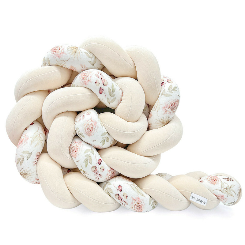 Protectie impletita pentru patut copii, din bumbac catifelat, sparrow, velvet almond flowers, 340 cm, full 120 x 60 cm