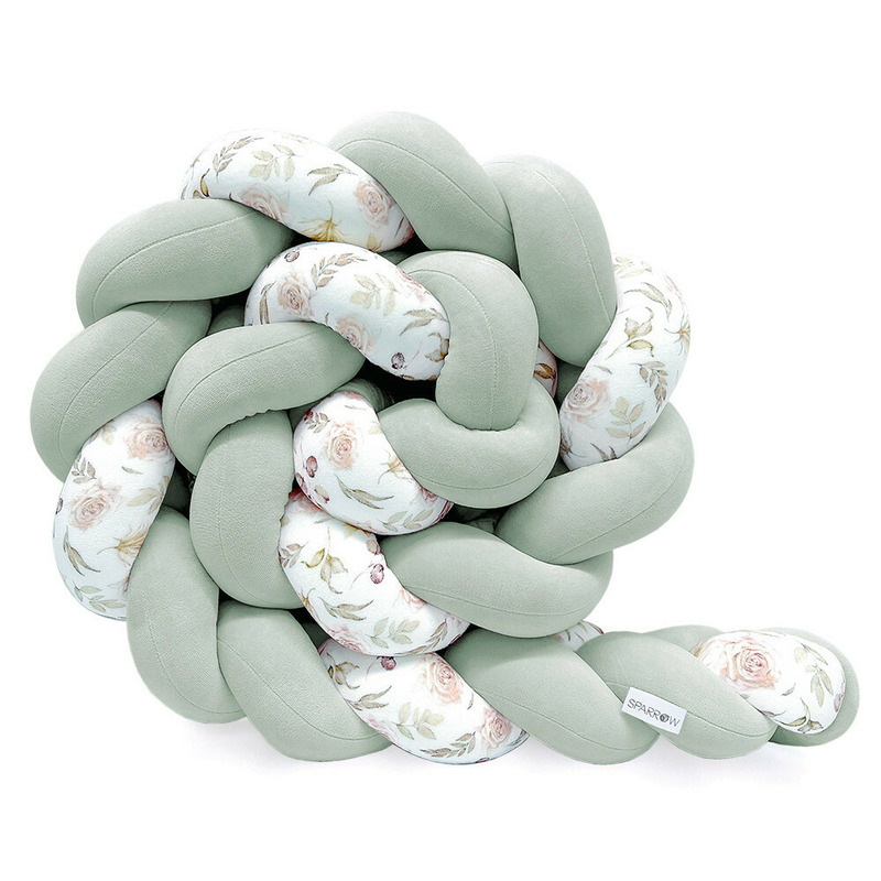 Protectie impletita pentru patut copii, din bumbac catifelat, sparrow, velvet eucalipt flowers, 340 cm, full 120 x 60 cm