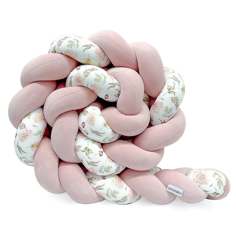 Protectie impletita pentru patut copii, din bumbac catifelat, sparrow, velvet pink flowers, 340 cm, full 120 x 60 cm