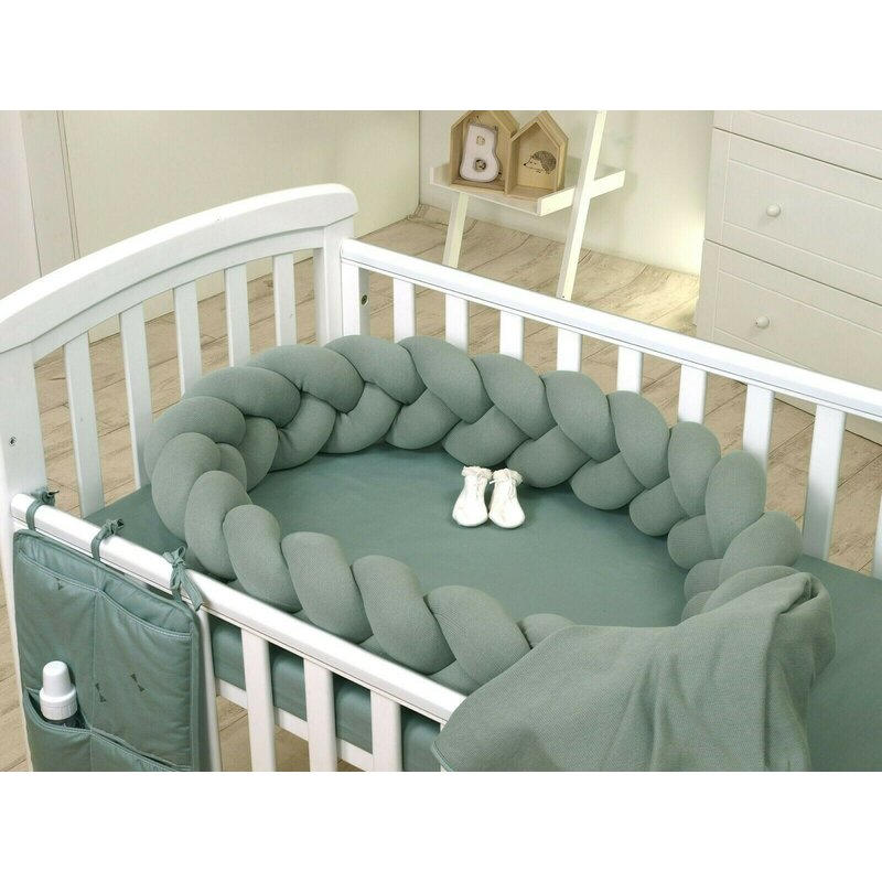 Amy - aparatoare laterala pat bumper impletit inchidere velcro, tricot, 210 cm, verde