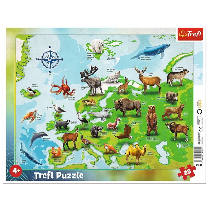 Trefl - puzzle tip rama harta europei cu animale , puzzle copii , plansa, piese 25