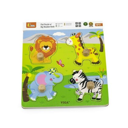 Viga - Puzzle din lemn Animale salbatice , Puzzle Copii , Cu manere, piese 4
