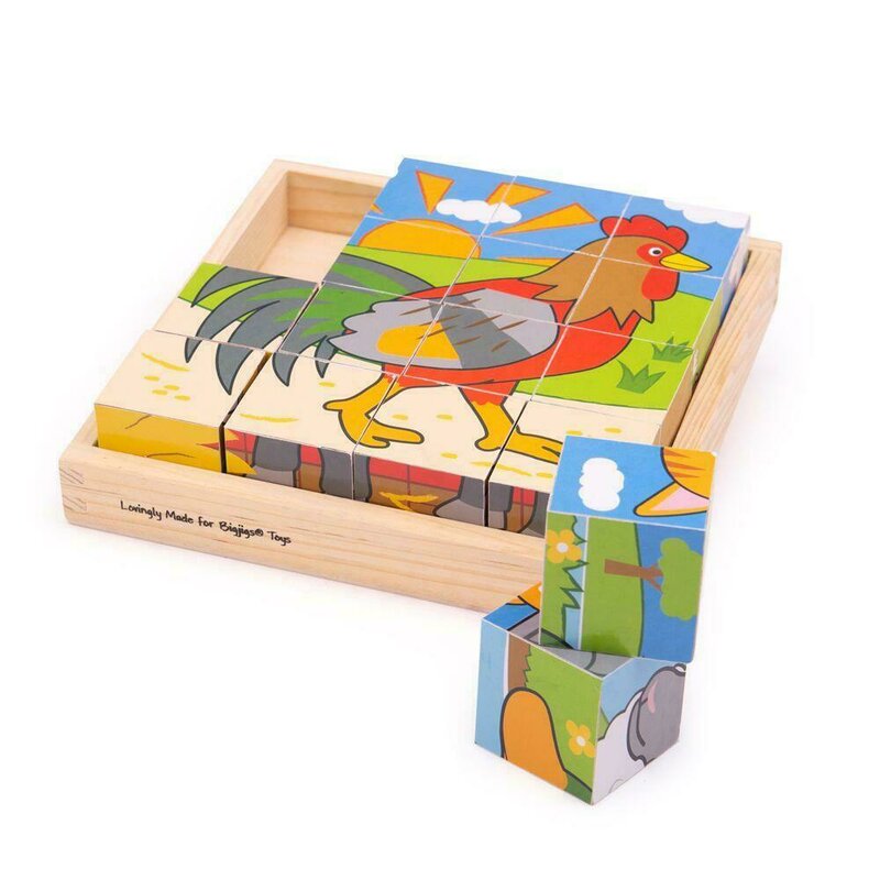 Bigjigs - puzzle cubic, animalute de la ferma