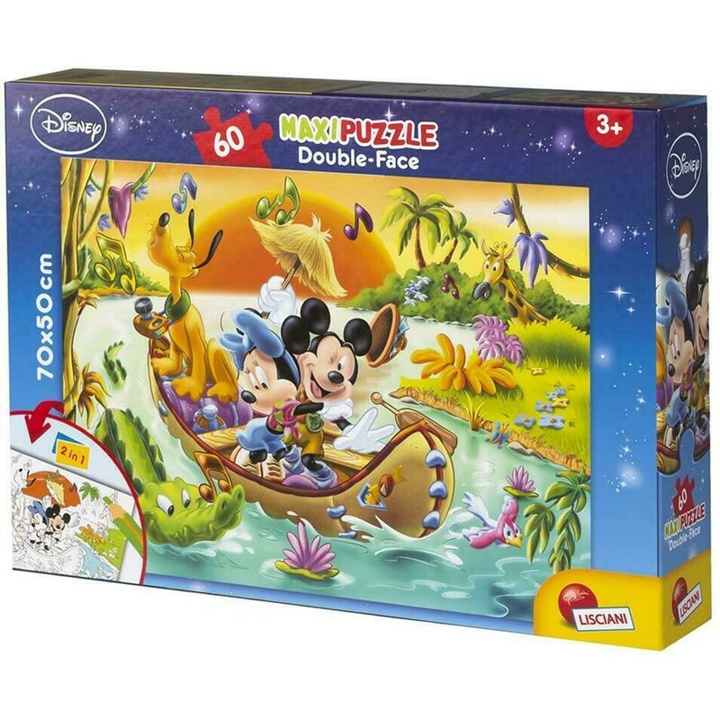 Lisciani - Puzzle personaje Mickey Mouse in jungla Maxi, Cu desen de colorat Puzzle Copii, piese 60