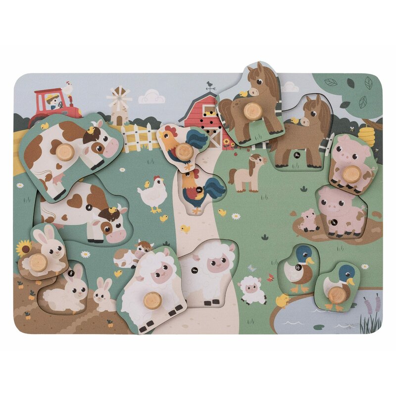 Puzzle muzical din lemn, Free2Play, Cu animalute de la ferma, Cu sunete, Cu maner, Stimuleaza simturile, invatarea prin joc si imaginatia, 29,8 x 21,2 x 3,8 cm, Farm