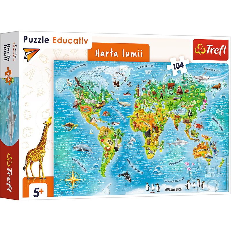 Trefl - puzzle educativ harta lumii , puzzle copii, piese 104