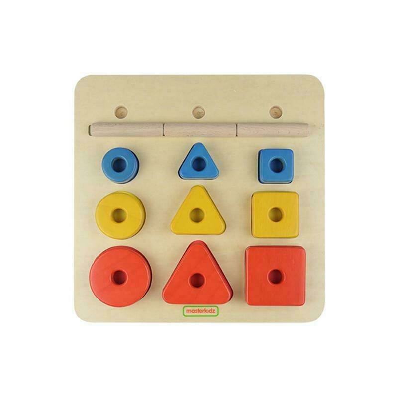 Masterkidz - puzzle sortator de forme geometrice dupa forma dimensiune si culoare din lemn +2 ani