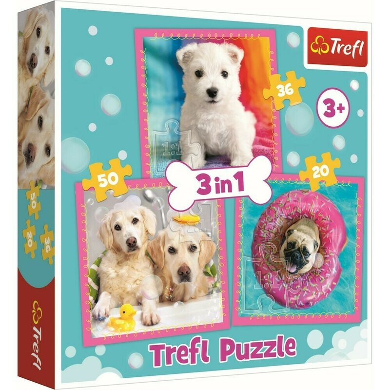 Trefl - puzzle animale catelusi la baita , puzzle copii , 3 in 1, piese 106, multicolor