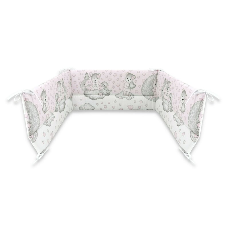 Qmini - aparatoare pentru patut 140x70 cm, din bumbac, 210x30 cm, cu panglici, teddy bear with pink heart