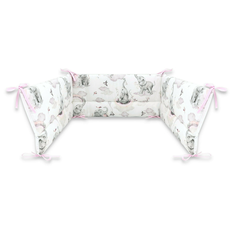 Qmini - aparatoare pentru patut 140x70 cm, din bumbac certificat oeko tex standard 100, 210x30 cm, cu panglici, elephants on rainbow pink