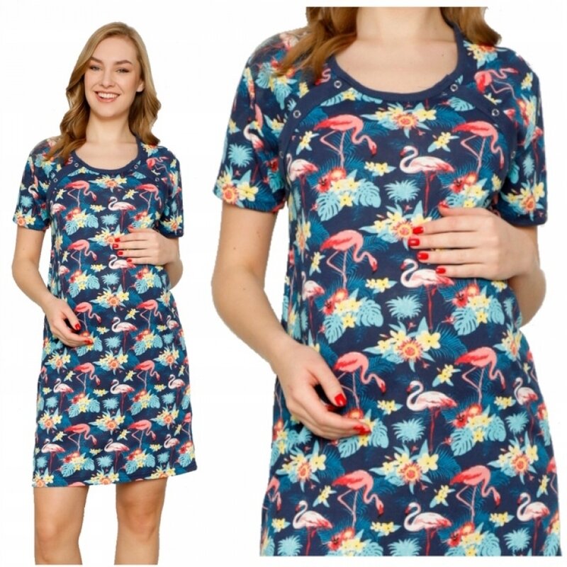 Qmini - camasa de alaptat, l, din bumbac, cu capse oblice, flamingos
