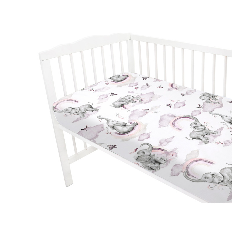 Qmini - Cearceaf cu elastic pentru patut 120x60 cm, Din bumbac certificat Oeko Tex Standard 100, Elephants on Rainbow Pink