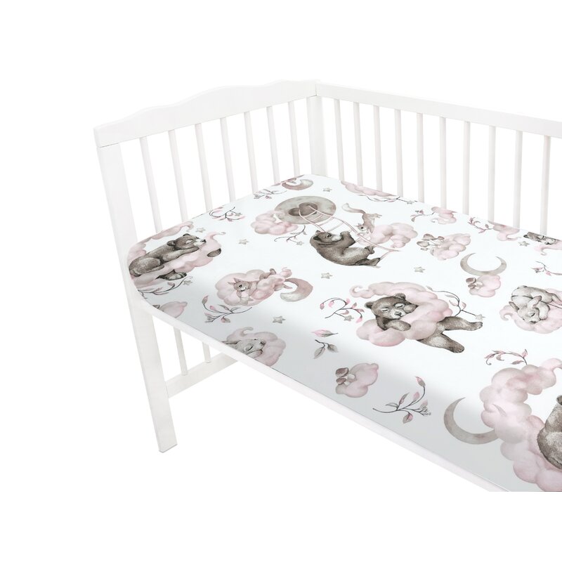 Qmini - Cearceaf cu elastic pentru patut 120x60 cm, Din bumbac certificat Oeko Tex Standard 100, Teddy Bear and Friends Pink