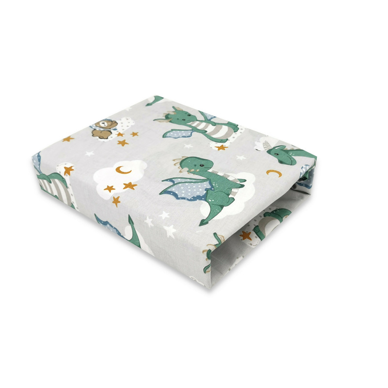 Qmini - cearceaf cu elastic pentru patut 140x70 cm, din bumbac certificat oeko tex standard 100, dragons gray