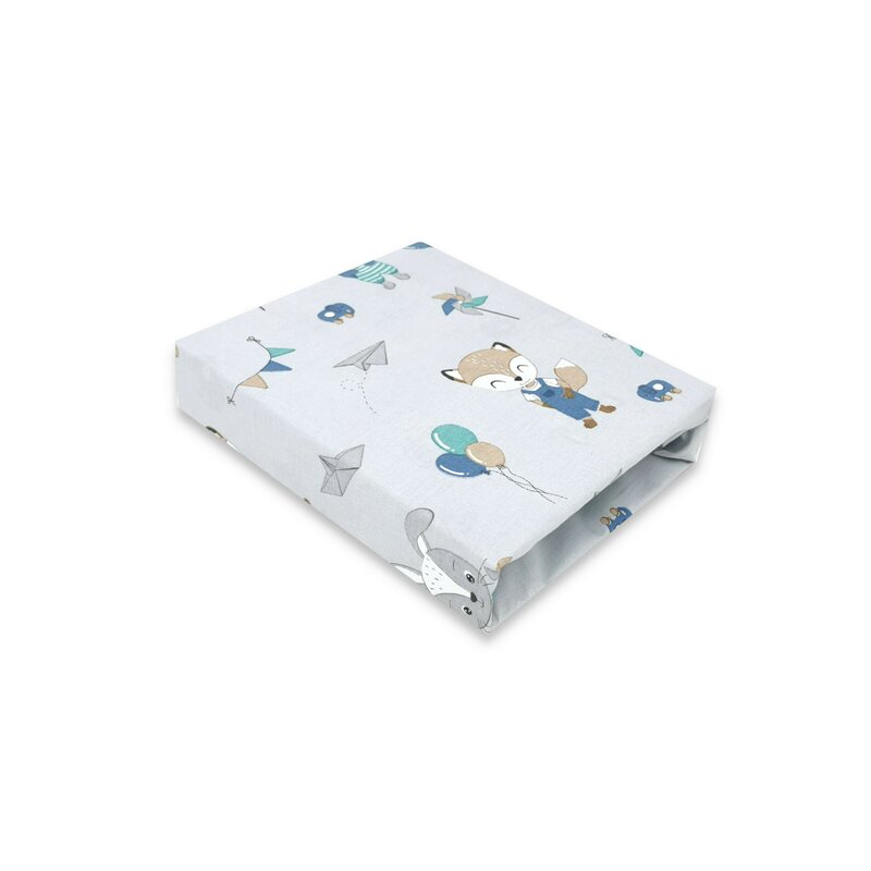 Qmini - Cearceaf cu elastic pentru patut 140X70 cm, Din bumbac certificat Oeko Tex Standard 100, Fox and Rabbit, Blue