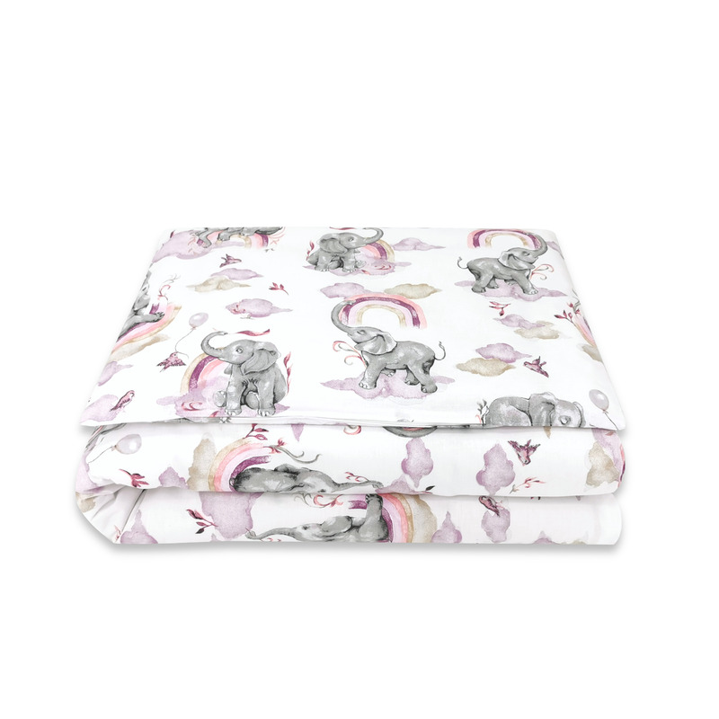 Qmini - Lenjerie junior cu 2 piese, Din bumbac certificat Oeko Tex Standard 100, 140 x 200 cm, Elephants on Rainbow Pink