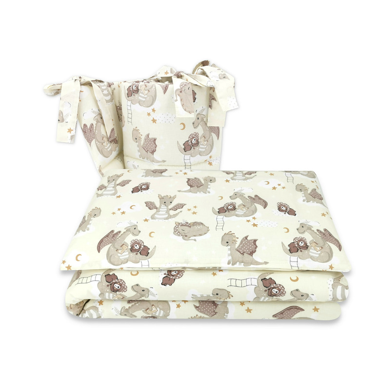 Qmini - lenjerie patut 3 piese, cu protectie laterala, din bumbac certificat oeko tex standard 100, pentru patut 140x70 cm, dragons beige