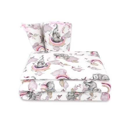 Lenjerie patut 3 piese, Qmini, Pentru patut 140x70 cm, Cu protectie laterala, Din bumbac certificat Oeko Tex Standard 100, Elephants on Rainbow Pink