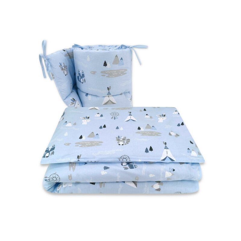 Qmini - lenjerie patut 3 piese, cu protectie laterala, indian blue, din bumbac, pentru patut 140x70 cm