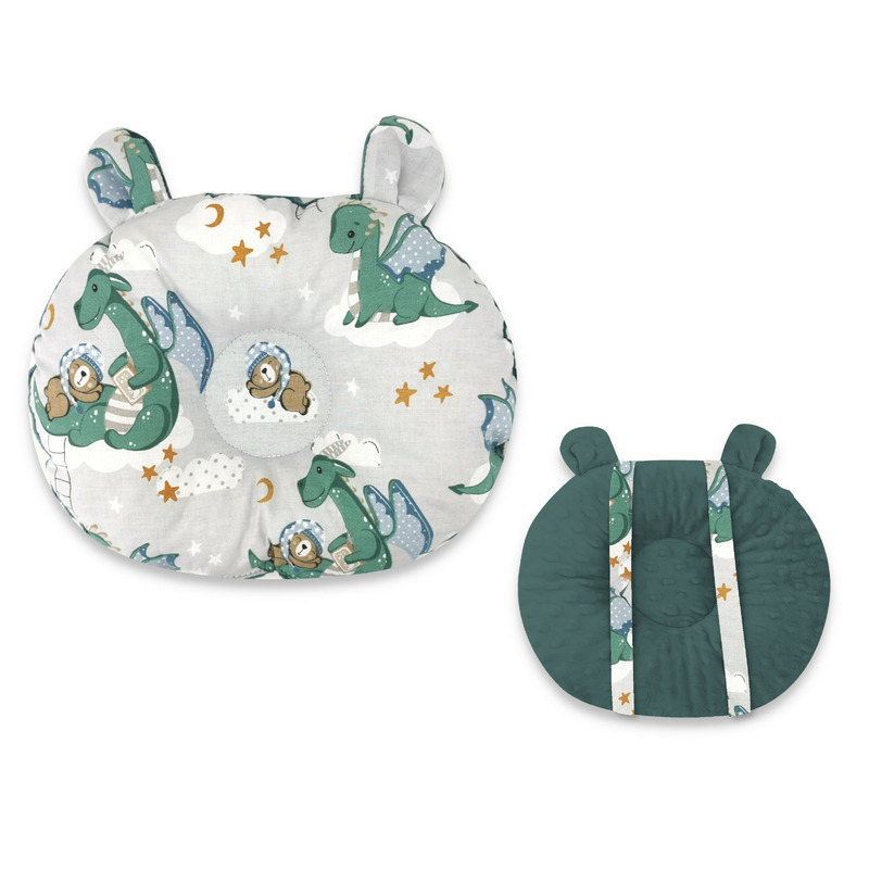 Qmini - perna bebelusi ursulet, multifunctionala, cu doua fete, tesatura pufoasa minky si bumbac, materiale certificate oeko tex standard 100, dimensiune 30x23 cm, minky dragons gray