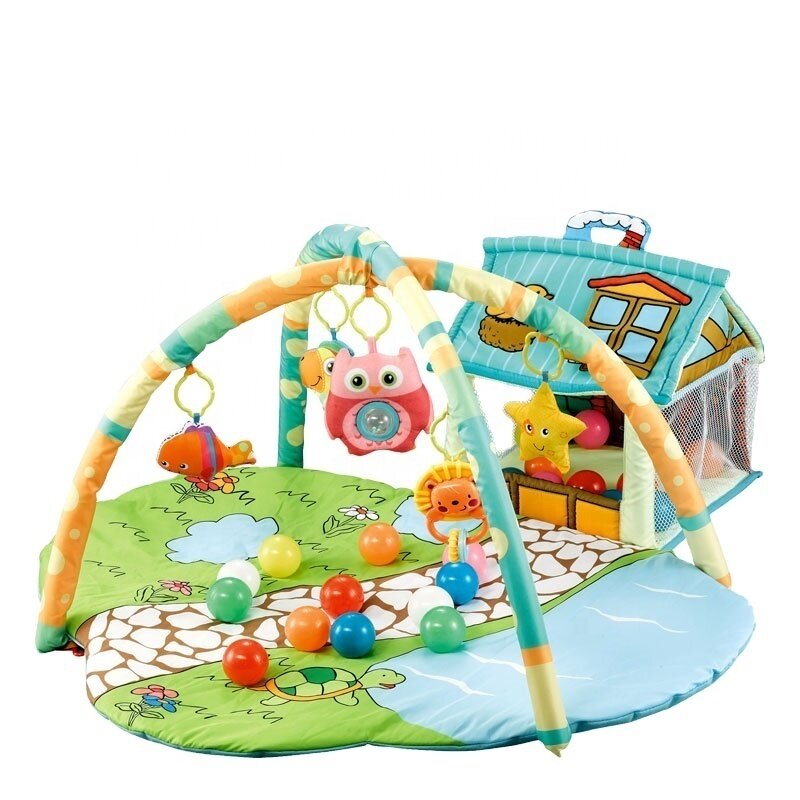 Qmini - salteluta interactiva agata , cu 30 de bile, 5 jucarii, pentru activitati educationale, din poliester, 90x85 cm, multicolor