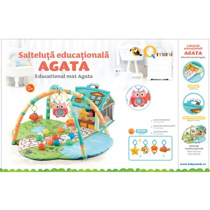 Qmini - Salteluta interactiva Agata, Cu 30 de bile, 5 jucarii, Pentru activitati educationale, 90x85 cm, Multicolor