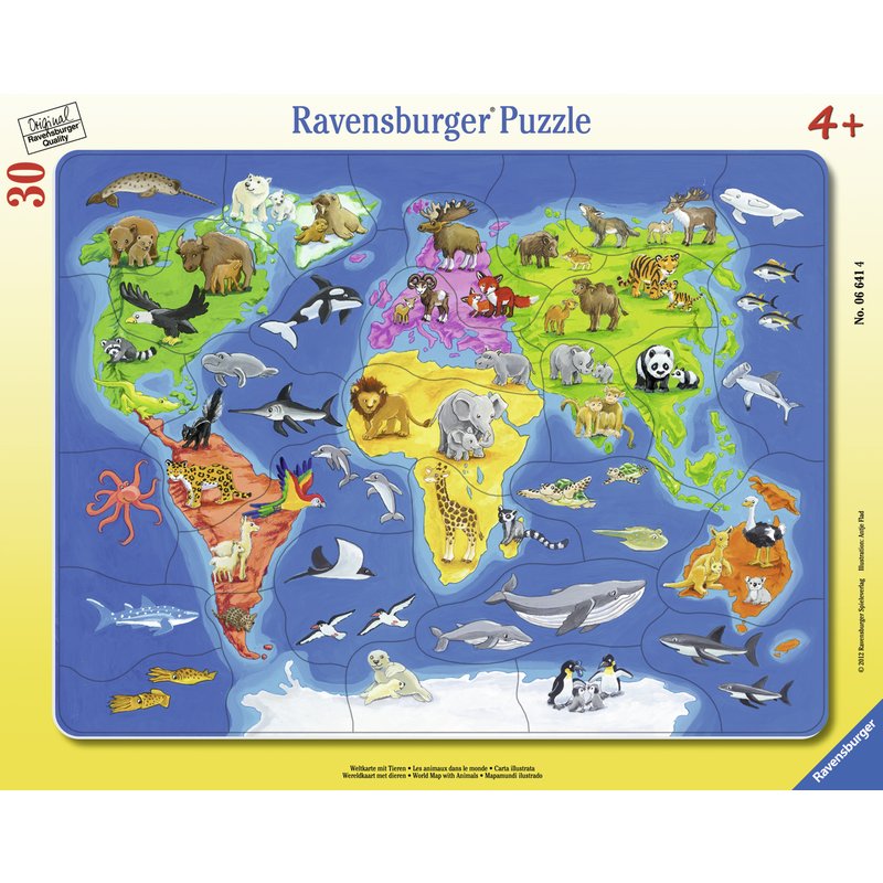 Ravensburger - Puzzle harta lumii cu animale, 30 piese