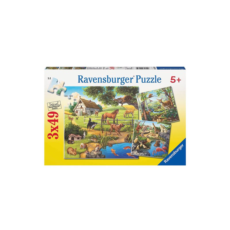 Ravensburger - Puzzle Padure, zoo si animale domestice, 3x49 piese