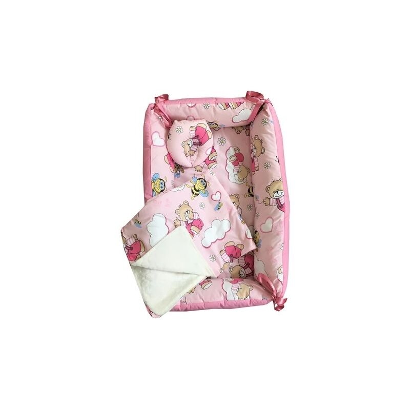 Deseda - reductor bebe bed nest cu paturica si pernuta antiplagiocefalie ursi cu albine pe roz