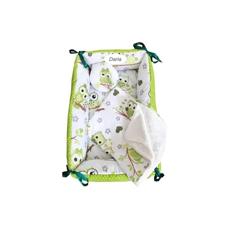 Deseda - reductor personalizat bebe bed nest cu paturica si pernuta antiplagiocefalie bufnite verzi