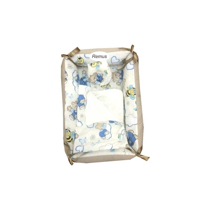 Deseda - reductor personalizat bebe bed nest cu paturica si pernuta antiplagiocefalie ursi cu albine pe crem