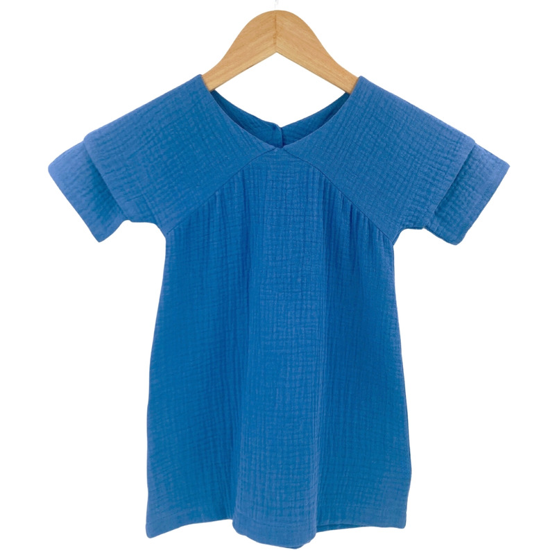 Rochita dreapta cu maneca dublata, din muselina, deep blue, 4-5 ani