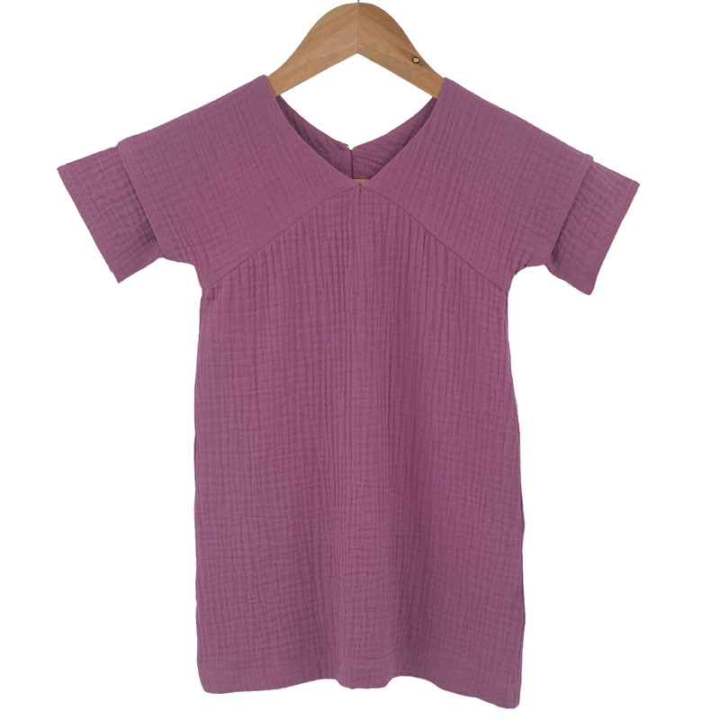 Rochita dreapta cu maneca dublata, din muselina, lavender, 4-5 ani