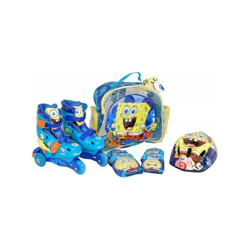 Saica - Role copii Sponge Bob, reglabile 35-38, cu protectii si casca in ghiozdan