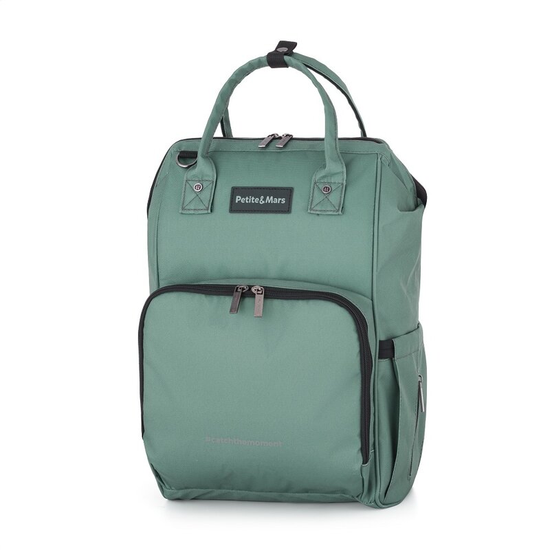 Rucsac pentru mamici, Petite&Mars, Jack, Cu 11 compartimente, Cu buzunare termice, Saltea de infasat inclusa, 30 x 42 x 15 cm, Misty Green